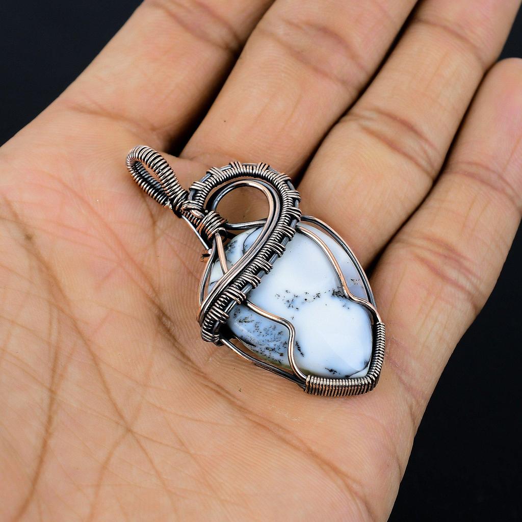 Dendrite Opal 999 Copper Wire Wrapped Pendant, Handmade Gemstone Jewelry Pendant Gift For Birthday