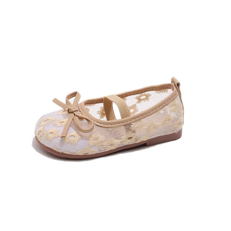 Floral Embroidery Lace Ballet Flats Sandal Baby Girls 2025 Summer New Breathable Mesh Ballerinas Kids Cute Non-slip Party Shoes