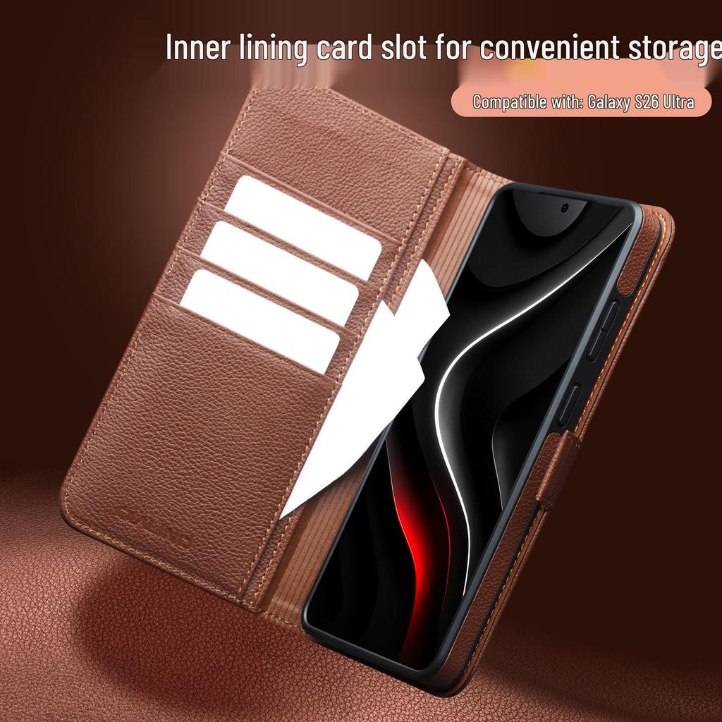 Qiali Leather Magnetic Flip Case for Samsung Galaxy S26 Ultra, Cowhide Protective Cover