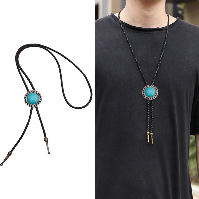 Bolo Tie for Women Men Western Bolo Tie Vintage Metal Flower Trim Stone Pendant Faux Leather Rope Necktie Tie Necklace