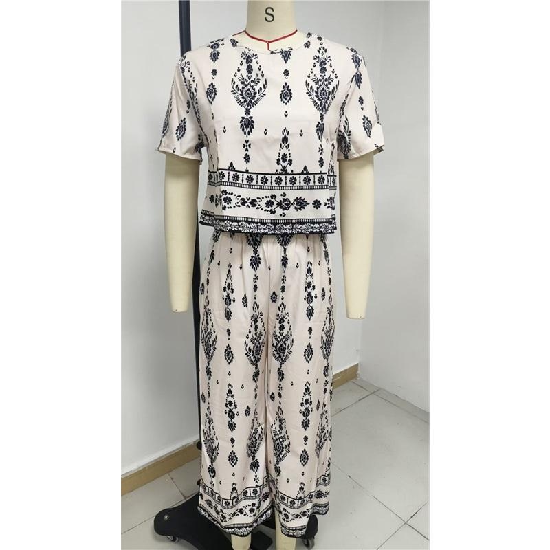 Dames Bohemian Bedrukt Tweedeel Outfit Korte Mouw Crop Top Wijde Capri Broek Vintage Etnisch Casual Loungewear Set