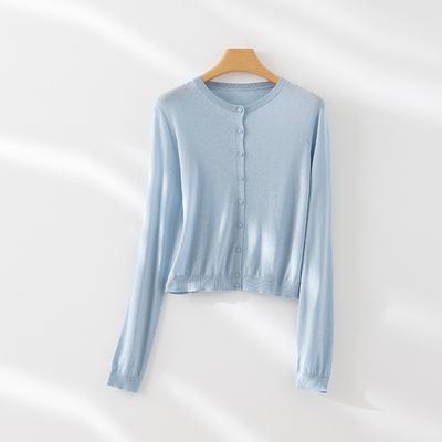 Light and Breathable Air Conditioner Sunscreen Knitted Cardigan Women's Summer Short Long-sleeved Simple Casual Top