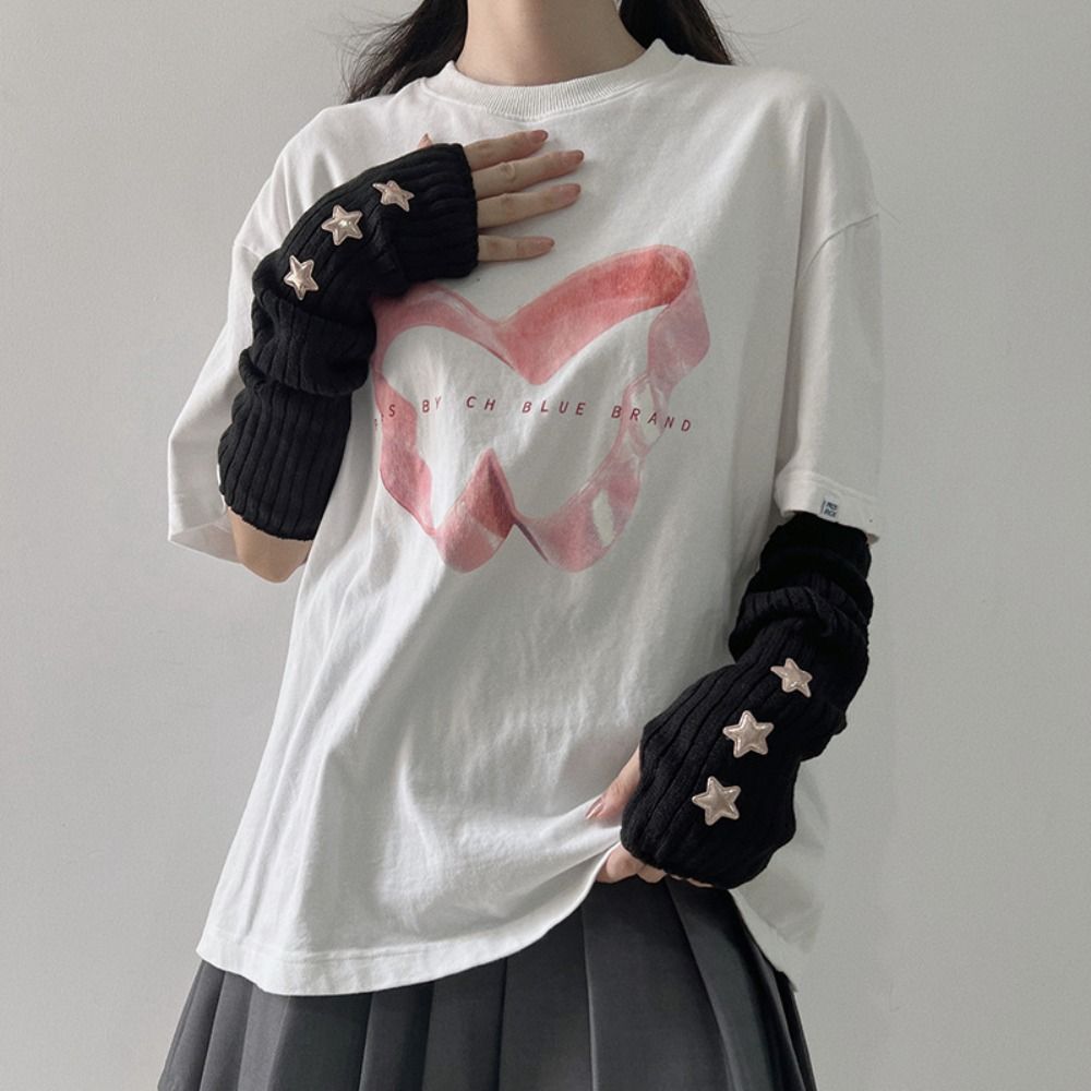 Y2k Arm Warmers Solid Color Wool Sleeve Cuff Cute Star Knitted Gloves  Ladies