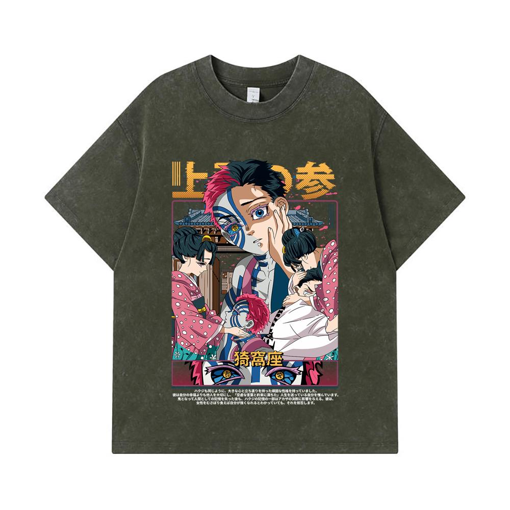 

275 GSM Washed T-shirts 100% Cotton Demon Slayer V25 Akaza Print Unisex Heavy Cotton T Shirt S армия зеленый