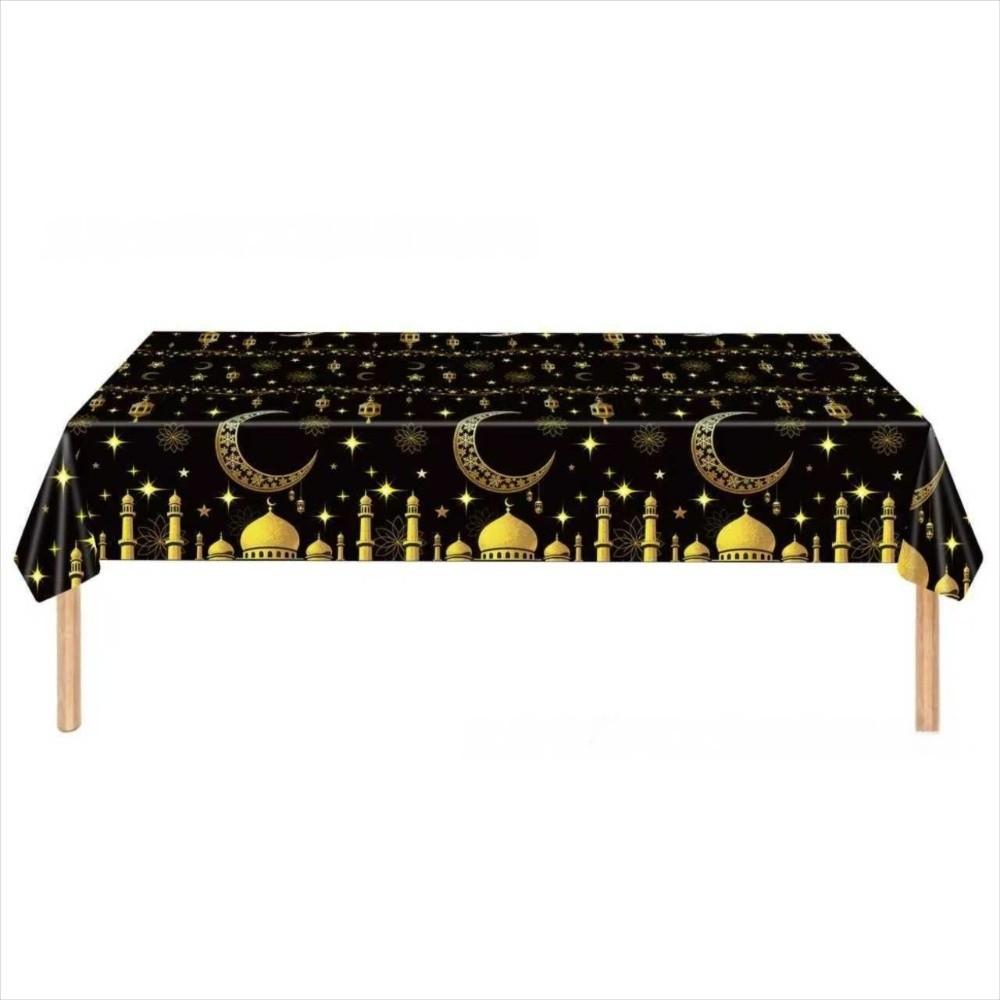 2026 Plastic Eid Mubarak Tablecloths Disposable Waterproof Moon Tablecloths Black Gold Table Cover Party Supplies