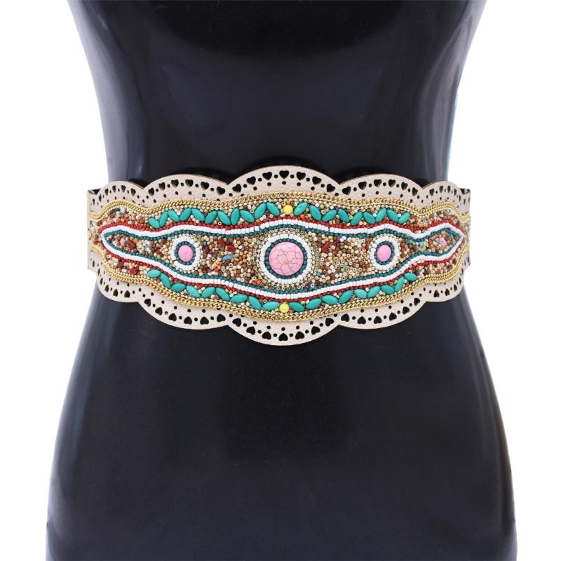 Bohemian Stretch Waist Belt Waistband with Ethnic Beads Accent Adjustable Wide Cinching Band for Dresses and Skirts