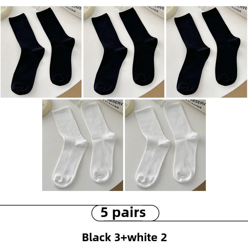 5 Pairs of Women's Trendy Solid Color Vertical Striped Mid Tube Stack Socks