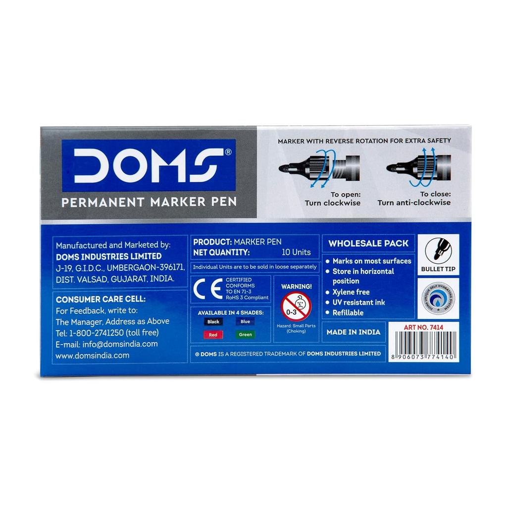 DOMS Refilo Permanent Marker Pen Pack of 10 Black Ink Hi-Tech Refillable Japanese Bullet Tip Non-Toxic Office School Use