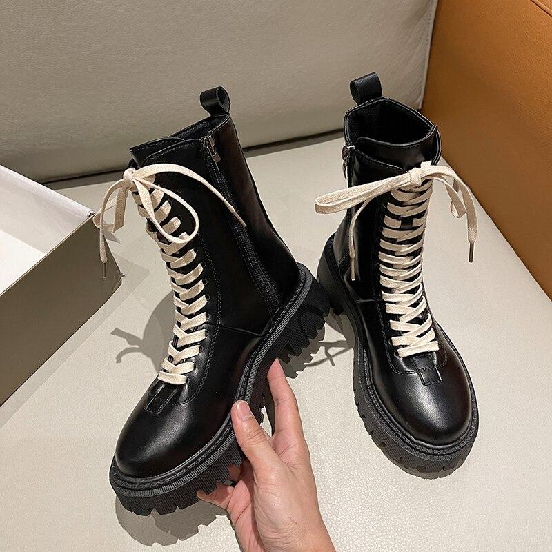 Autumn Winter Boots Round Toe Med Heel Boots Women ' ;S Shoes Women Booties Ladies Luxury Designer Goth Black Leather Platform