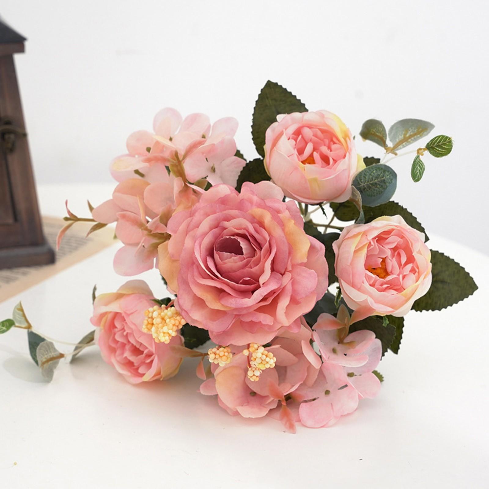 1Pc Artificial Flower Silk Rose Bouquet Hydrangea Peony Bridal Wedding Bouquet Home Decoration Simulation Flowers Photo Props One Size