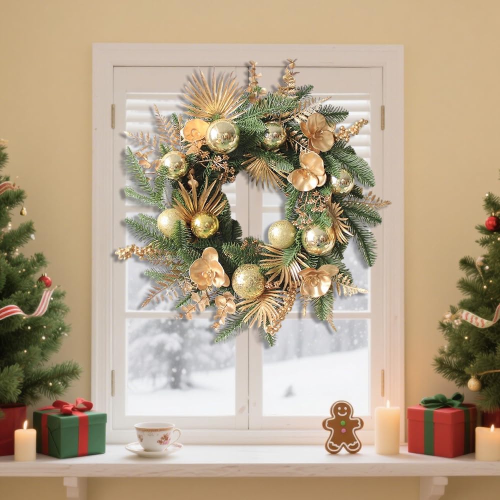 Artificial Abies Christmas Wreath With Golden Rose And Ball, Christmas & Thanksgiving Decor For Front Door, Porch, Window, Christmas Decor For Home