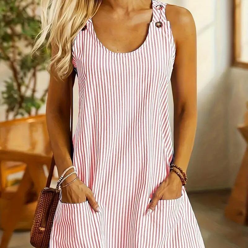 Striped Pocket Button Dress with Suspender and Short Skirt
