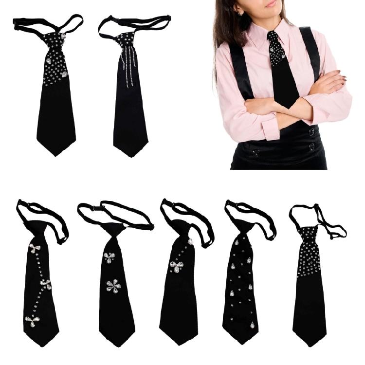 Rhinestones Embellished Necktie for Women Men Student Elegant Pre Tied Adjustable Black Ties for Uniform School Shirt