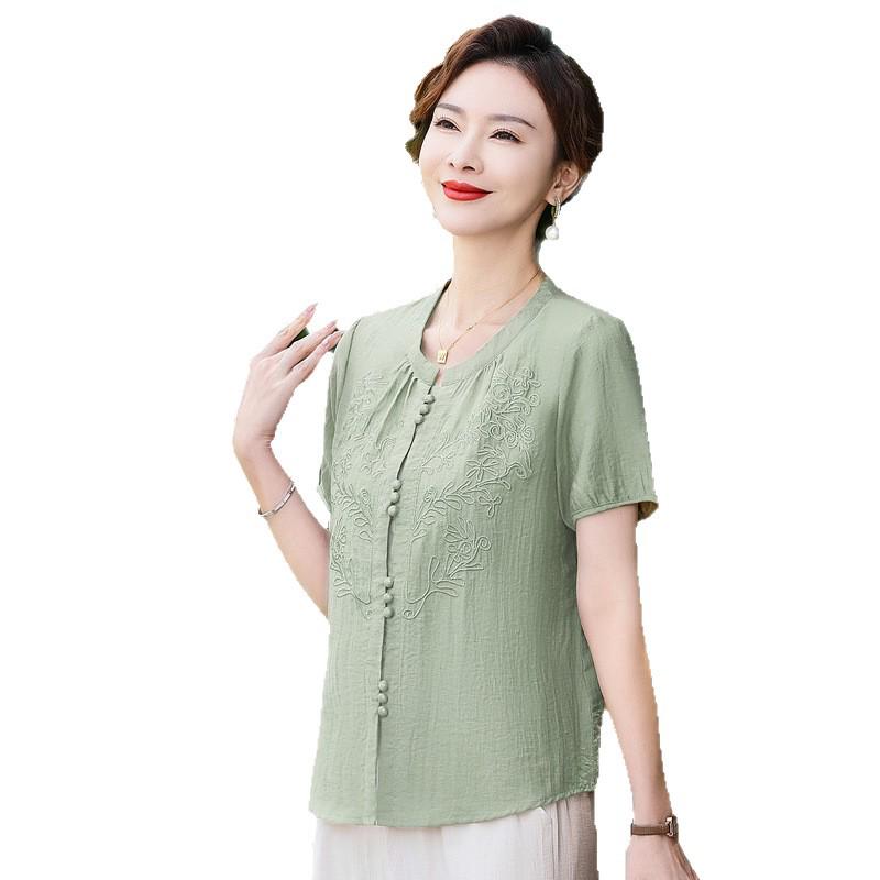 Mom's 2025 Summer Wear: New Chinese Style Blouse & Two-Piece Set for Middle-Aged and Elderly Women – Fashionable and Versatile T-Shirt.