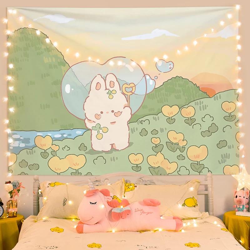 Cute Little Rabbit Bedside Hanging Cloth Home Wall Decoration Tapestry Office Living Room Tapestry
