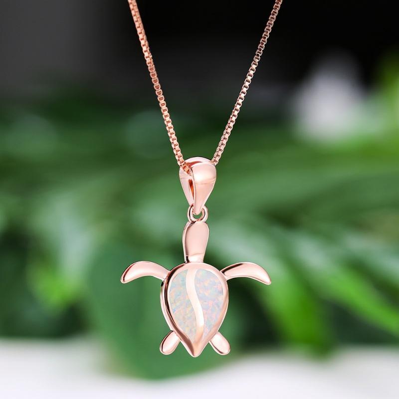 Wish European and American Style Rose Gold Single Turtle Opal Pendant Necklace Simple Cartoon Collarbone Chain