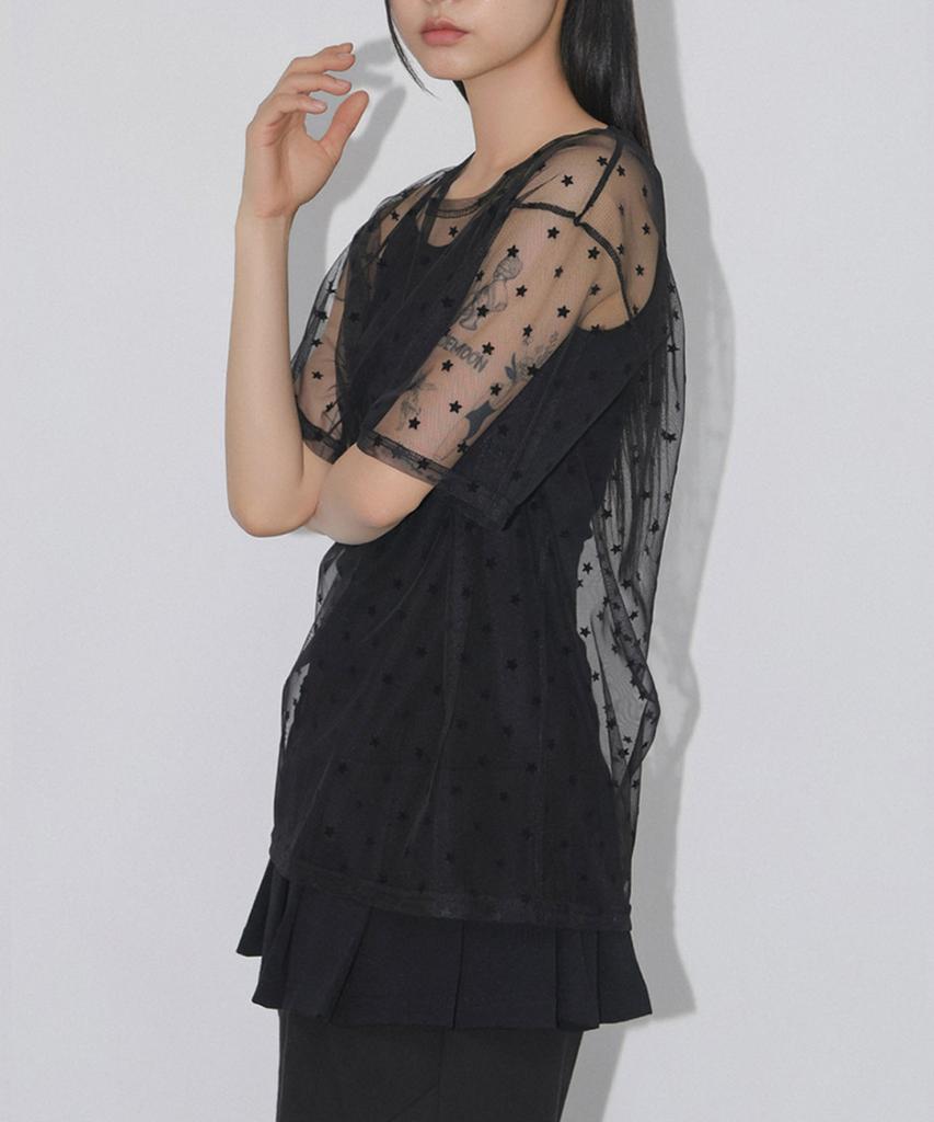CHICKS Star Mesh Oversized Short Sleeve Tee Black