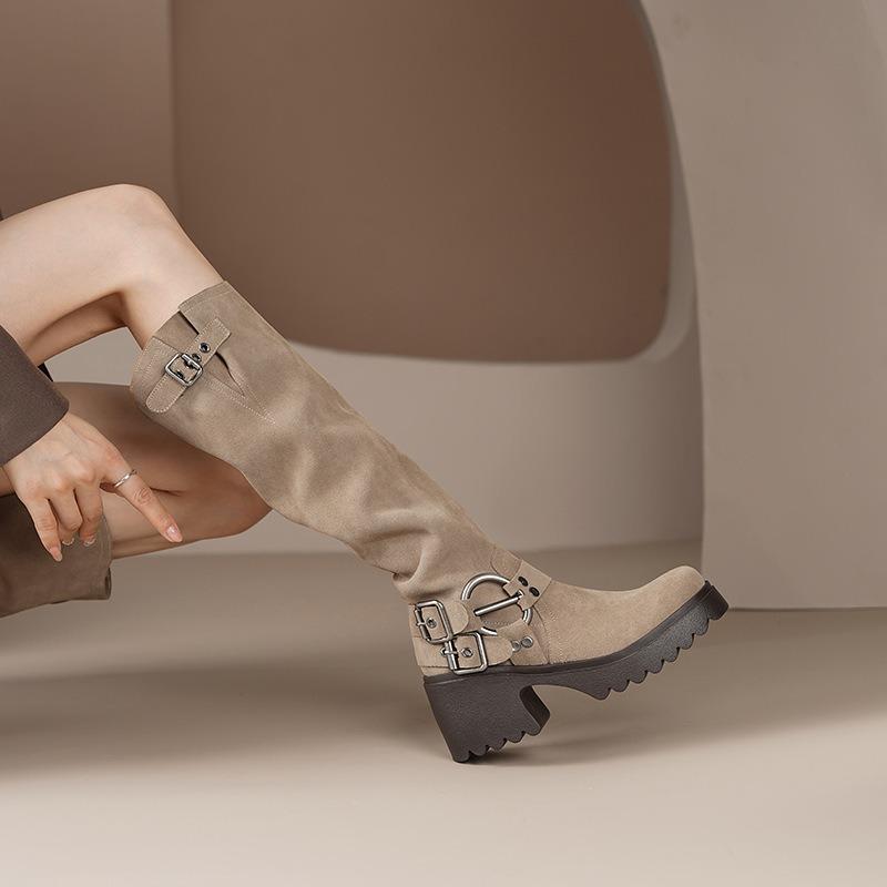 Fashion New Womens Retro Suede Boots Brown Belt Buckle Tall Boots Western Cowboy Boot Women's Boot Fashion Temperament Boots Botas Mujer
