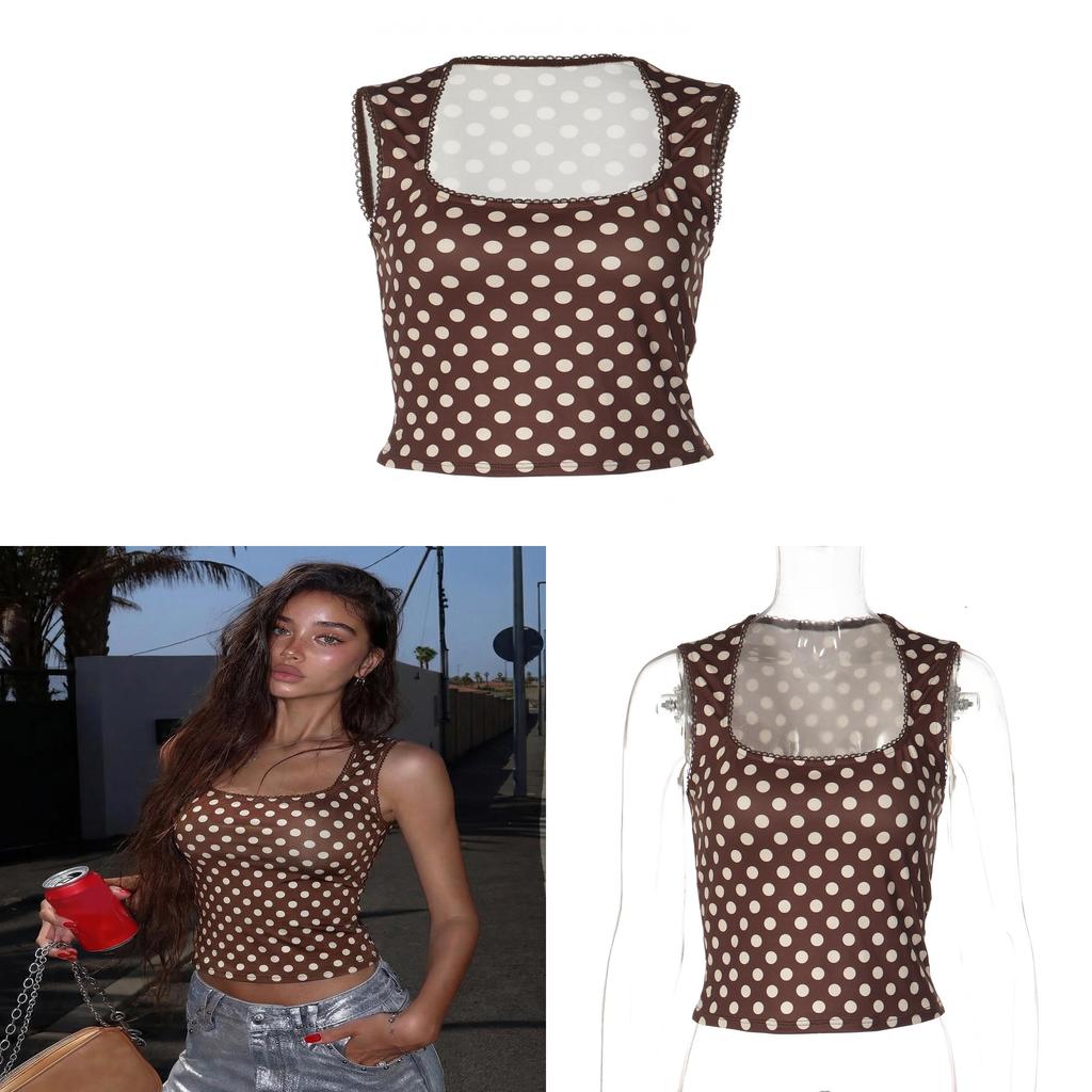 Streetwear Dot Print Sleeveless U Neck Crop Top For Women