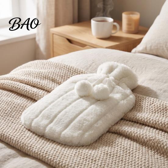 Hot Water Bag with Drawstring 2L Bottle Plush Cover, Pompom Lightweight Bag, Winter Warm for Hands, Feet, Stomach