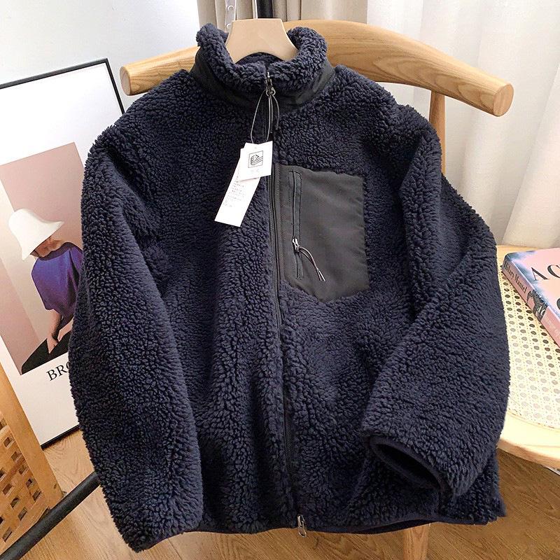 Japanese Couples' Style Stand Collar Lamb Wool Coat - Women's Autumn/Winter, Loose Fit with Pocket & Zipper.