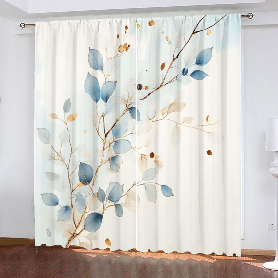 2PCS Digital Printed Curtains, Golden Branch Blue Leaf Luxury Botanical Contrast, Home Decor Style for Living Room Bedroom Decor