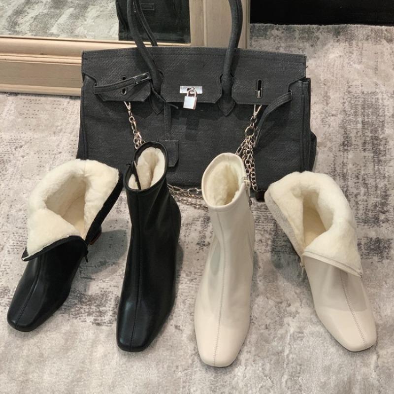 Comfortable Thiened Winter Velvet Lined Women's Boots Korean High Heel Side Zipper Faion Slim Boots Square Head Cotton Snow Boot