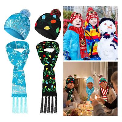 1 Set Hat Scarf Set LED Christmas Cap Snowflake Santa Elk Christmas Tree Print Bright Color Matching Unisex New Year Festive Tassel Scarf Beanie Set
