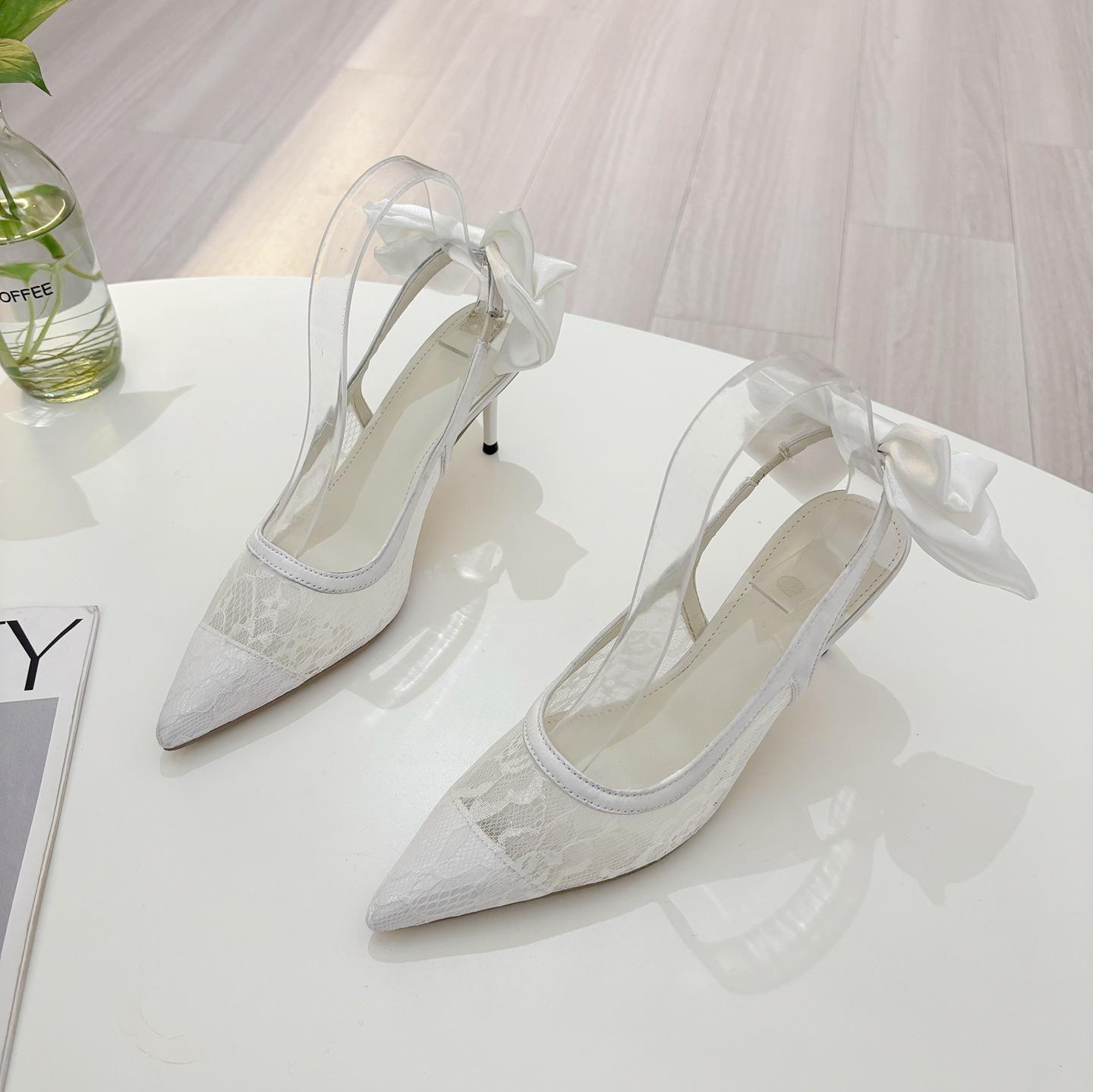 

Модные темпераментные женские туфли с острым носком, сексуальные дышащие сетчатые кружевные с бантом-бабочкой сзади, сандалии на тонком высоком каблуке 35 белый
