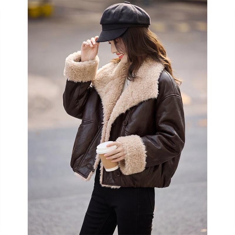 Women's PU Leather & Faux Lamb Wool Spliced Down Jacket