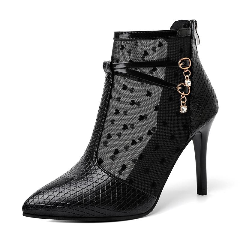 Vysoký podpatek 9,5 cm Velká velikost Boty na vysokém podpatku Krátké boty Nové Štíhlý podpatek Špičatá špička a Holé boty Černé Cool boty se zipem vzadu
