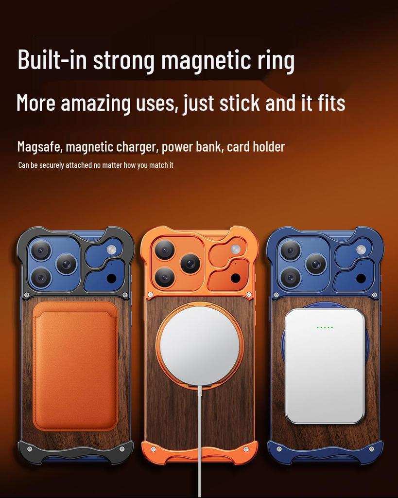 Alien 17 Pro Max Integrated Case with 360° Stand - Solid Wood & Metal, Magnetic Design for 16 Pro Max