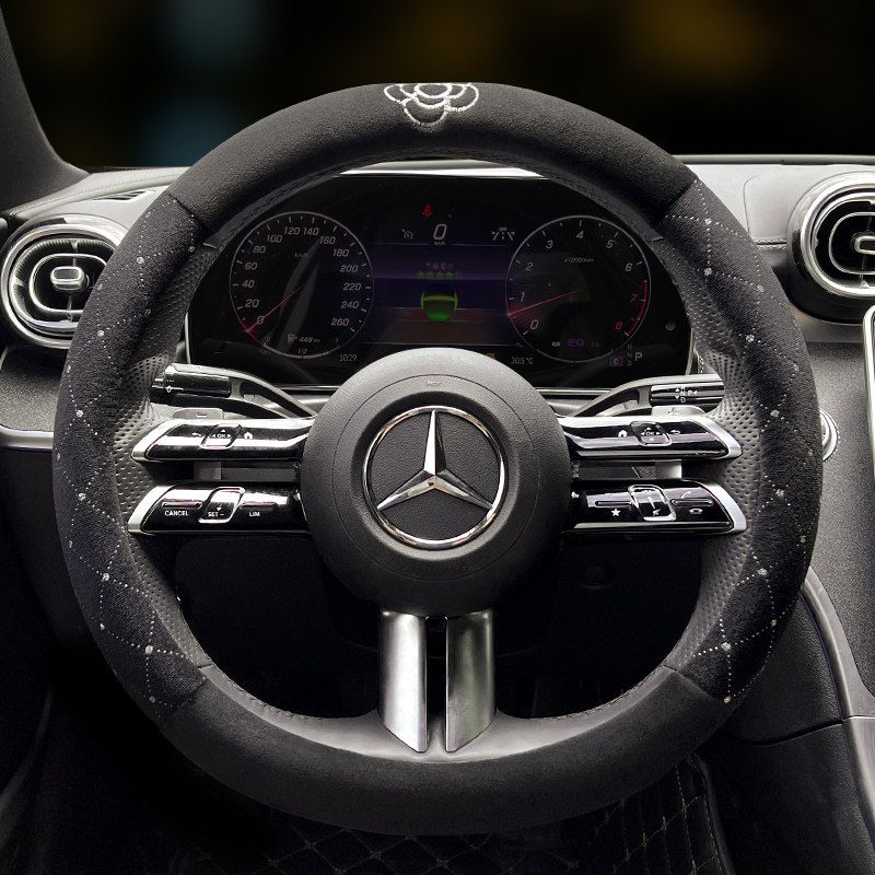 Wheel Cover for Women, Universal for All Seasons, Anti-Slip, Sweat-Absorbent, Diamond-Shaped, Winter Plush Steering Wheel Cover, D-Shaped Handle Cover Camellia Argyle Steering Wheel Cover - Round