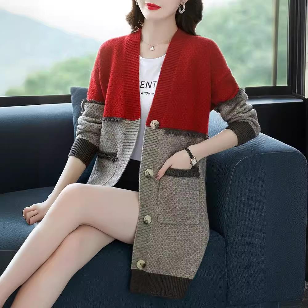 Women's Sweater Jacket Autumn and Winter Loose Medium-length Knitted Cardigan V-neck Color-blocked Knitted Jacket