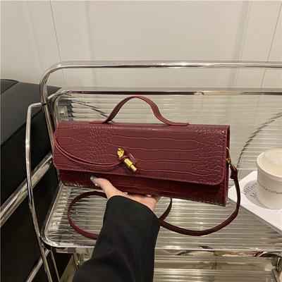 Solid Color Crocodile Pattern Dinner Bag New Baguette Bag Diagonal Lock Horizontal Handbag Shoulder Messenger Bag Women's Bag