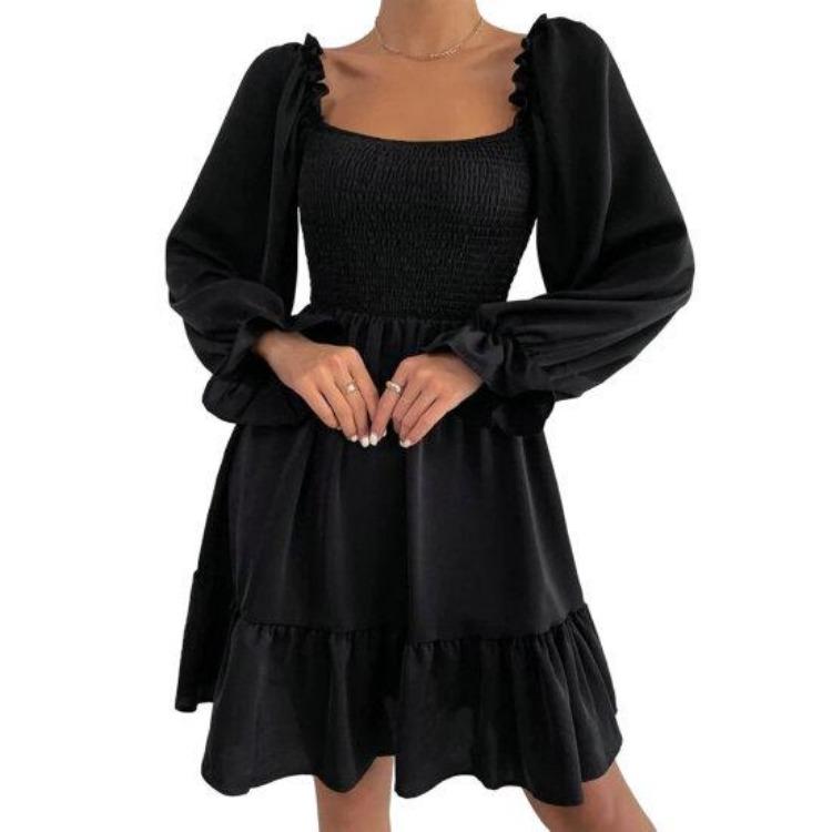 Women Square Collar Long Sleeve Pleated Wrap Chest Mini Dress High Waist Ruffle Loose Hem 2XL чёрный