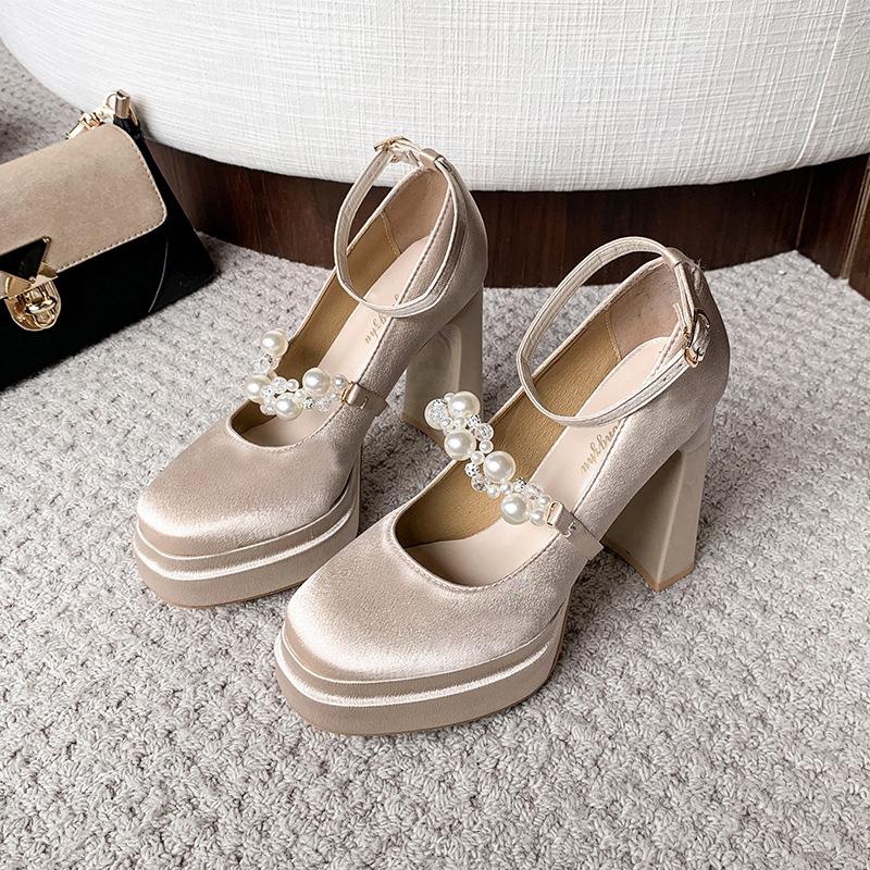 French high heels square head one-word buckle fashion shoes thick heel spring and autumn new single shoes 11cm 2025 waterproof tai xian