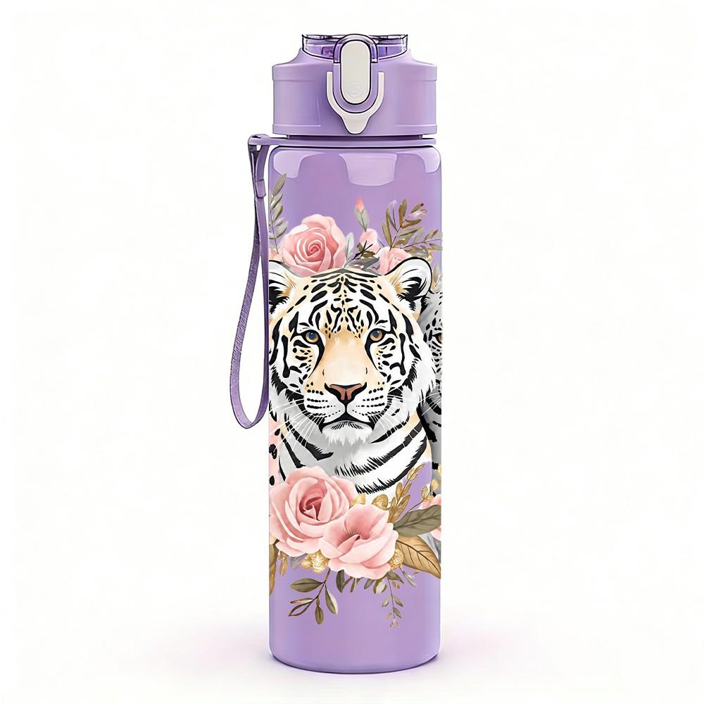1PC Tiger Flower Wildlife 750ml Color Plastic Sports Water Bottle Leakproof Flip Straw Lid Suitable for Sports Office Home Use