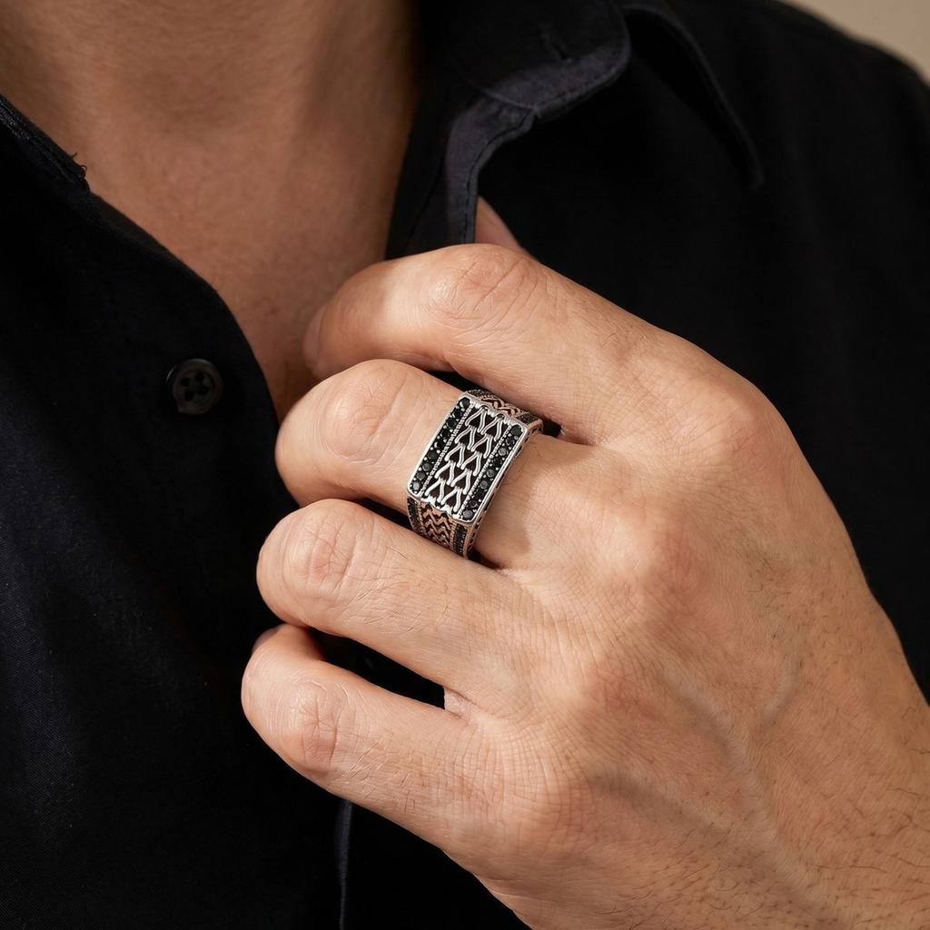 Unique Geometric Patterned Stainless Steel Ring Inlaid Black Zircon Chunky Rings for Men Charm Fashion Finger Jewelry Size 7-12