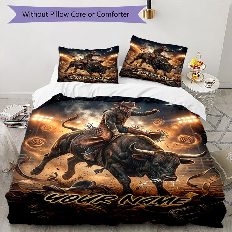 3PC Custom Name Rodeo Night Adventure Bedding Set Duvet Cover Closure Includes 1 Duvet Cover & 2 Pillowcases for Bedroom