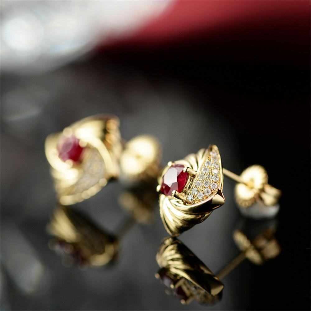 Cute Female Red Zircon Stone Gold Color Round Stud Earrings Lovely Bridal Wedding  For Women