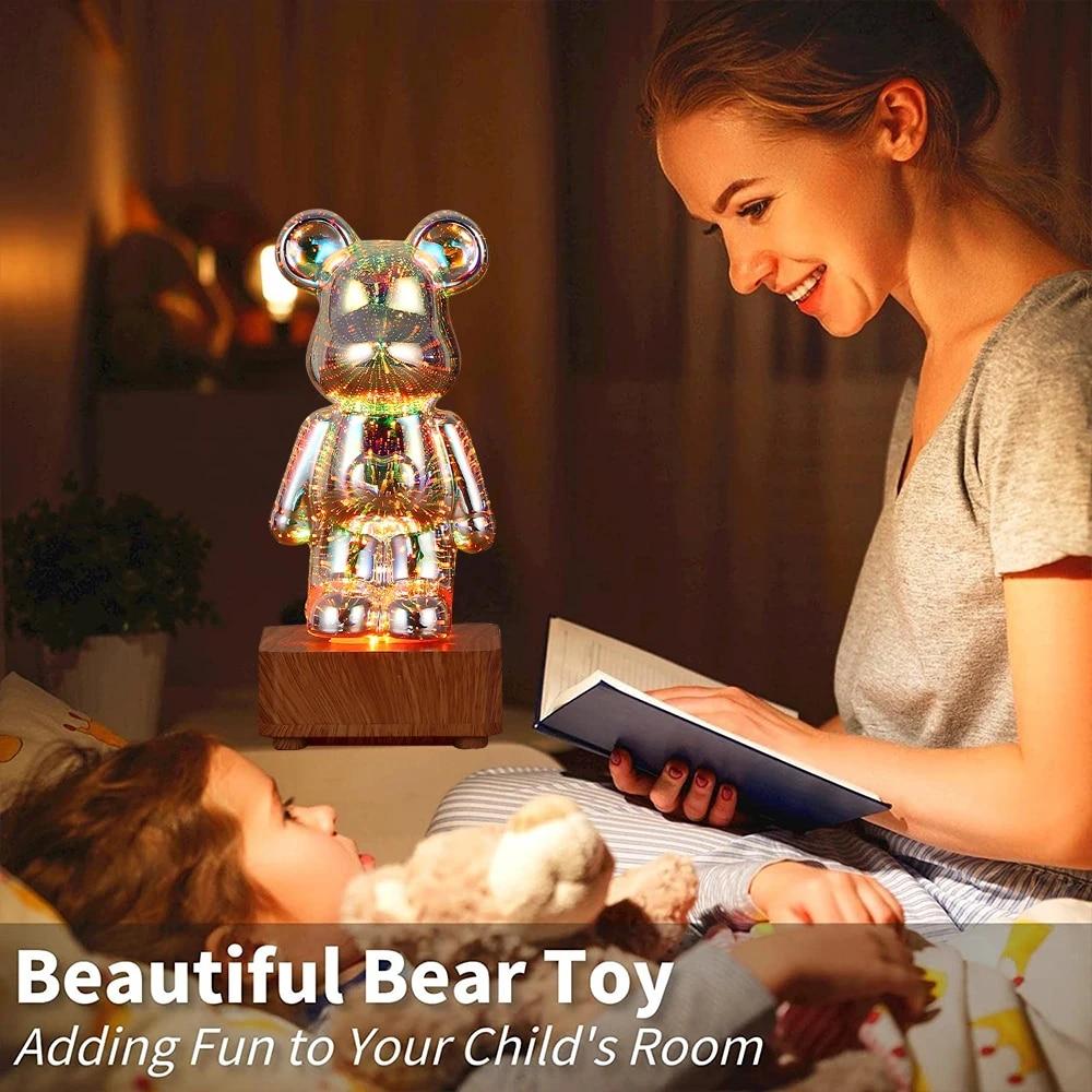LED 3D Bear Fireworks Night Light USB Projector Light Color Changing Environment Light Suitable for Children's Room Bedroom Decoration New Year Gift