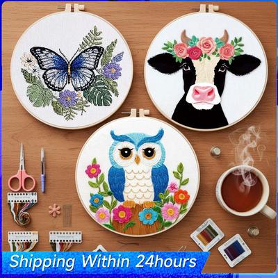 3 Pack Animal DIY Embroidery Kit with Embroidery Hoop Embroidery Starter Kit 30x30cm for Beginners Gift for Craft Lovers