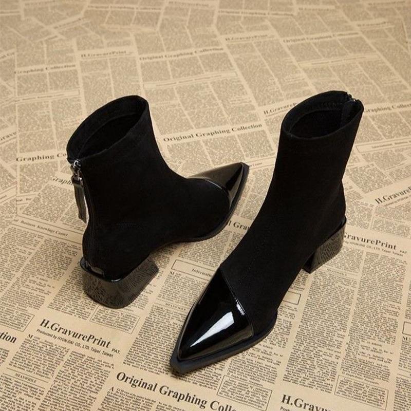 

Модные женские замшевые ботильоны с острым носком, модные туфли на среднем каблуке, женская обувь 2025 года, элегантные зимние готические туфли-лодочки, ботинки челси Mujer 40 чёрный