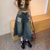 Women's High-Waisted Retro Blue Distressed Wide-Leg Cropped Jeans