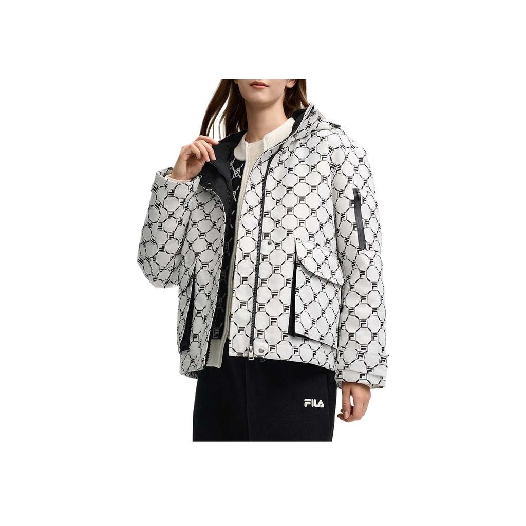 FILA SS25 All Over Logo Warm Hooded Jacket Women jackets Cloud-Mushroom-White F11W518901F-WT