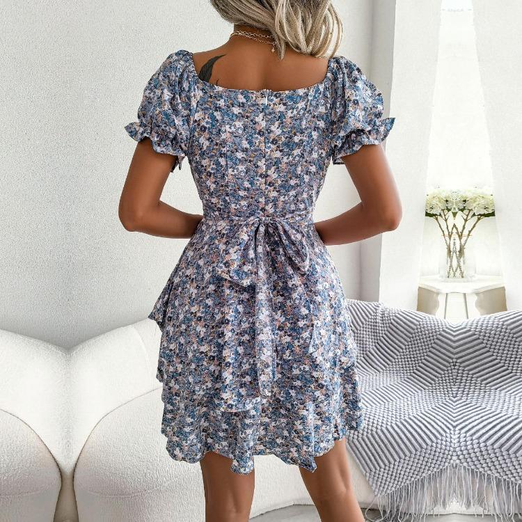 Women Floral Summer Dress Square Collar Short Sleeve Lace Up Elegant Spring S-XL