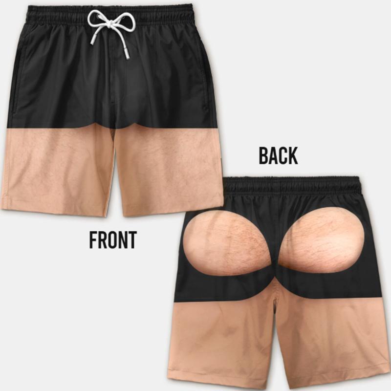 Men 3D Illusion Fake Butt Prank Swim Trunks Drawstring Board Shorts Leopard USA Flag Loose Beach Shorts Funny Gag Gift