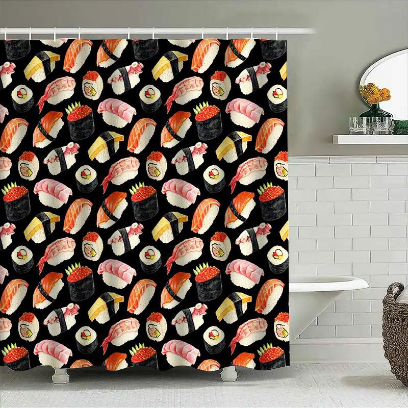 Sushi Duschvorhang Japanische Essensdeko Waschbares Badezimmer-Set Künstlerisches Meeresfrüchte-Muster Heimdeko Küchen-Hintergrund
