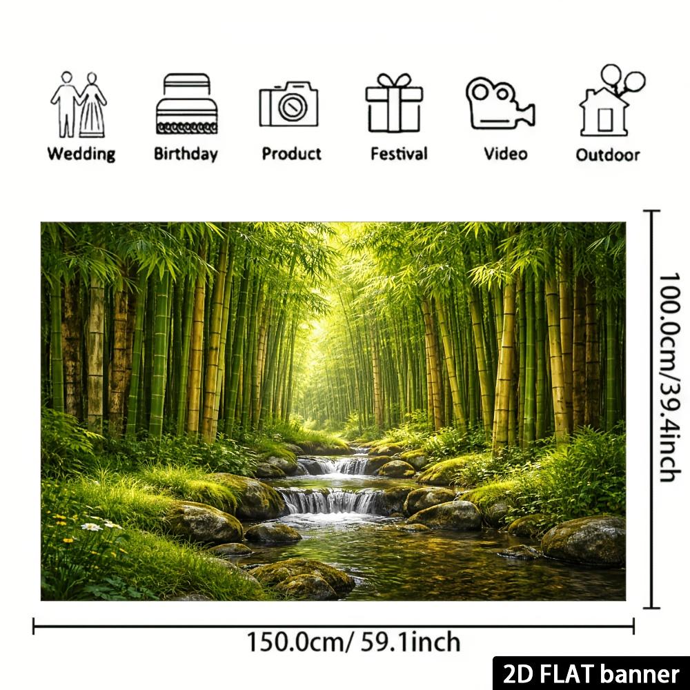 Zielony Las Bambusowy Strumień Natura Gobelin Zen Krajobraz Wiszący na Ścianę Wystrój Studio Jogi Spokojny Widok Tkanina Plakat Sztuka 2D Płaski